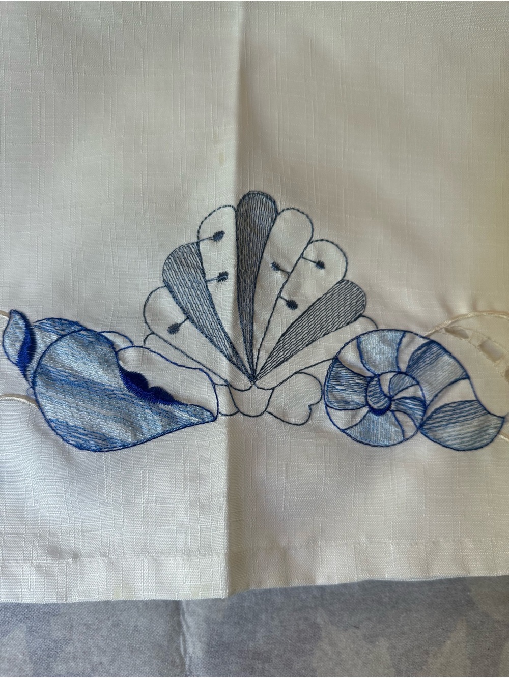 White with Blue Shell Embroidery Curtain Panels and Valences - Picture 2 of 8